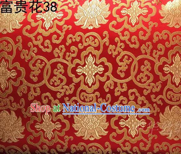 Asian Chinese Traditional Golden Riches and Honour Flowers Embroidered Red Silk Fabric, Top Grade Arhat Bed Brocade Satin Tang Suit Hanfu Dress Fabric Cheongsam Cloth Material