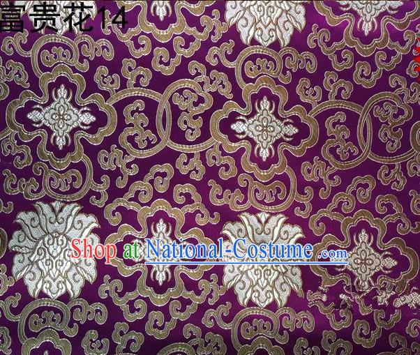 Asian Chinese Traditional Golden Riches and Honour Flowers Embroidered Purple Silk Fabric, Top Grade Arhat Bed Brocade Satin Tang Suit Hanfu Dress Fabric Cheongsam Cloth Material