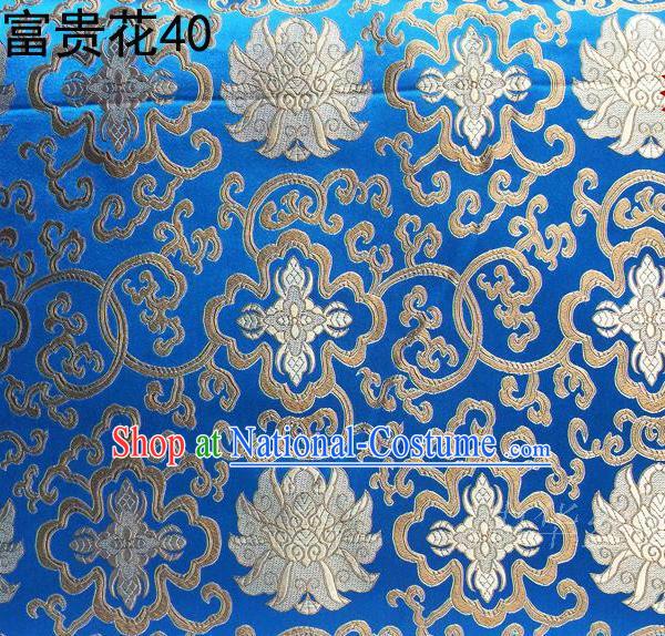 Asian Chinese Traditional Golden Riches and Honour Flowers Embroidered Blue Silk Fabric, Top Grade Arhat Bed Brocade Satin Tang Suit Hanfu Dress Fabric Cheongsam Cloth Material