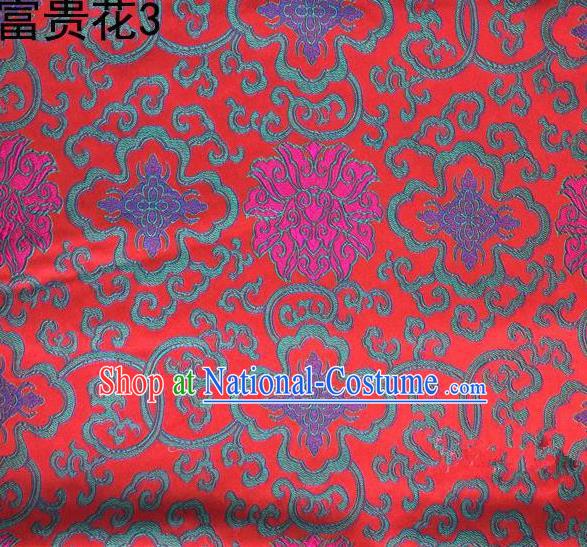 Asian Chinese Traditional Purple Riches and Honour Flowers Embroidered Red Silk Fabric, Top Grade Arhat Bed Brocade Satin Tang Suit Hanfu Dress Fabric Cheongsam Cloth Material