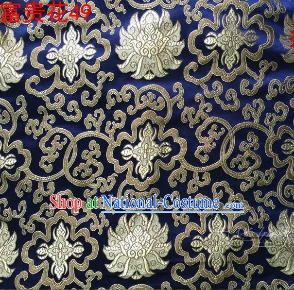 Asian Chinese Traditional Golden Riches and Honour Flowers Embroidered Royalblue Silk Fabric, Top Grade Arhat Bed Brocade Satin Tang Suit Hanfu Dress Fabric Cheongsam Cloth Material