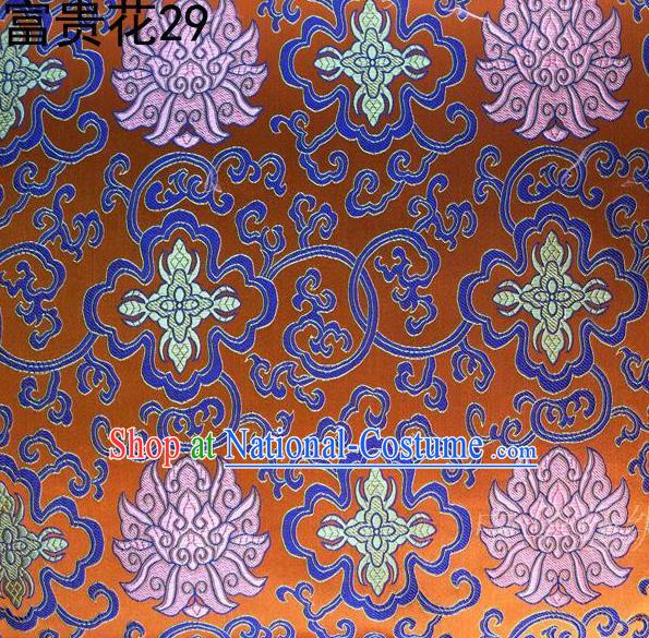 Asian Chinese Traditional Riches and Honour Flowers Embroidered Orange Silk Fabric, Top Grade Arhat Bed Brocade Satin Tang Suit Hanfu Dress Fabric Cheongsam Cloth Material