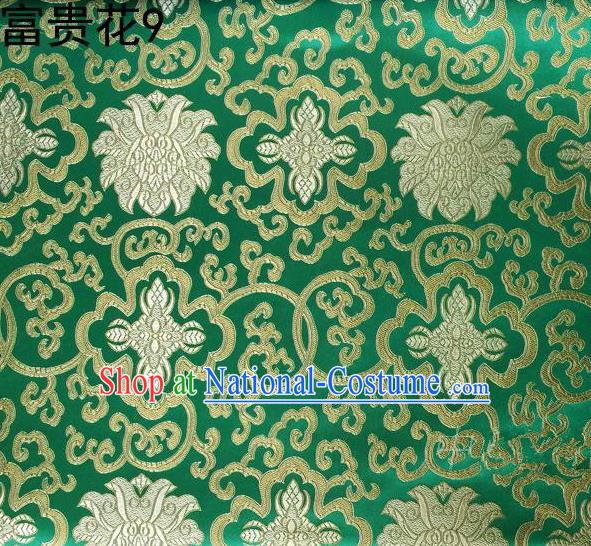 Asian Chinese Traditional Golden Riches and Honour Flowers Embroidered Green Silk Fabric, Top Grade Arhat Bed Brocade Satin Tang Suit Hanfu Dress Fabric Cheongsam Cloth Material