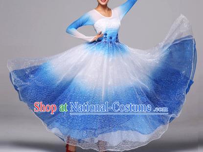 Chinese Classic Stage Performance Dance Costumes, Opening Dance Competition Blue Dress, Folk Dance Classic Big Swing Clothing for Women