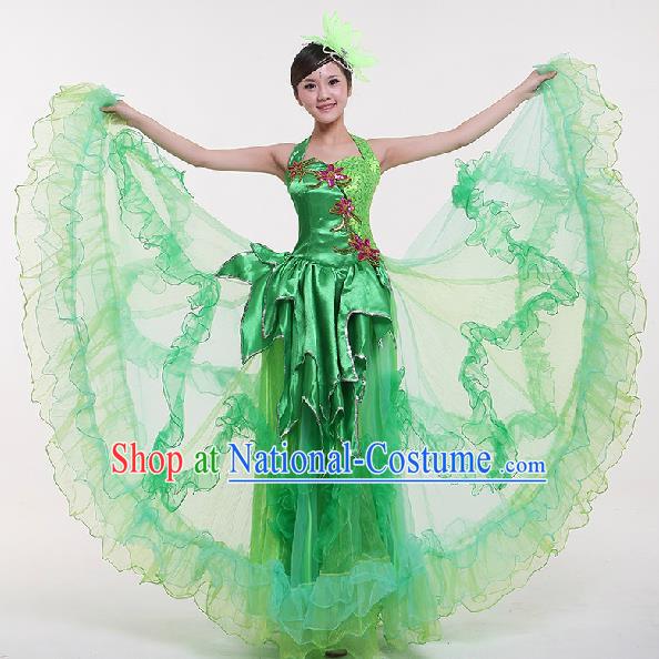 Chinese Classic Stage Performance Dance Costumes, Opening Dance Jasmine Flower Green Dress, Folk Dance Classic Big Swing Clothing for Women