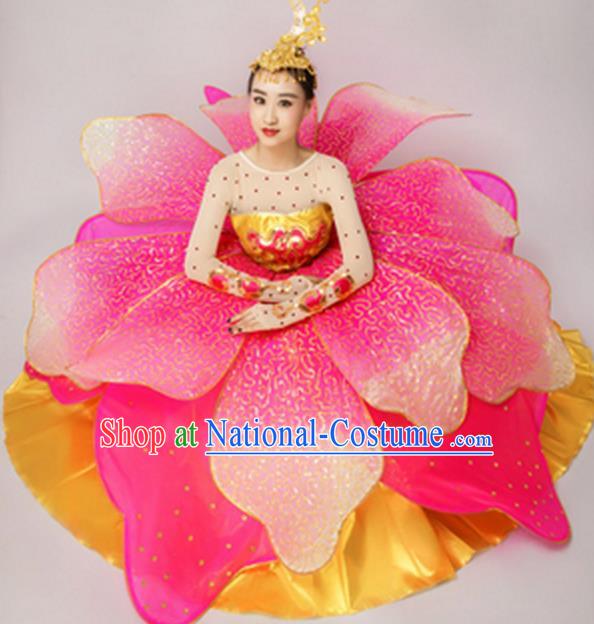 Chinese Classic Stage Performance Dance Costumes, Opening Dance Folk Dance Classic Big Swing Pink Dress for Women