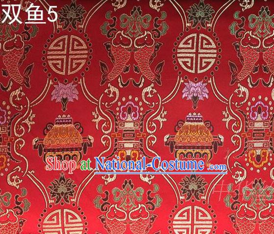 Asian Chinese Traditional Embroidery Colorful Longevity Red Satin Silk Fabric, Top Grade Brocade Tang Suit Hanfu Princess Dress Fabric Cheongsam Mattress Cloth Material