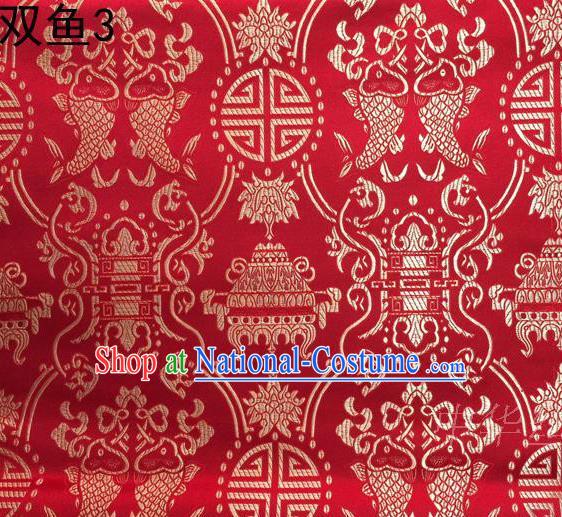 Asian Chinese Traditional Embroidery Golden Longevity Red Satin Silk Fabric, Top Grade Brocade Tang Suit Hanfu Princess Dress Fabric Cheongsam Mattress Cloth Material