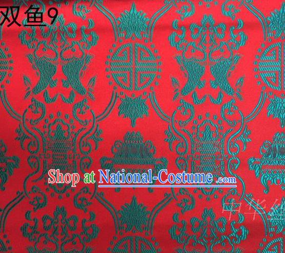 Asian Chinese Traditional Embroidery Green Longevity Red Satin Silk Fabric, Top Grade Brocade Tang Suit Hanfu Princess Dress Fabric Cheongsam Mattress Cloth Material