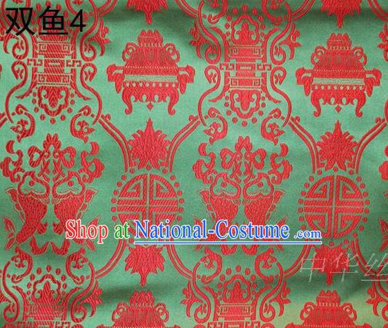 Asian Chinese Traditional Embroidery Red Longevity Green Satin Silk Fabric, Top Grade Brocade Tang Suit Hanfu Princess Dress Fabric Cheongsam Mattress Cloth Material