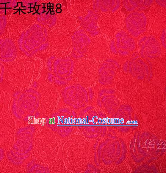 Asian Chinese Traditional Jacquard Weave Rose Flowers Red Satin Mulberry Silk Fabric, Top Grade Brocade Tang Suit Hanfu Princess Dress Fabric Cheongsam Cloth Material