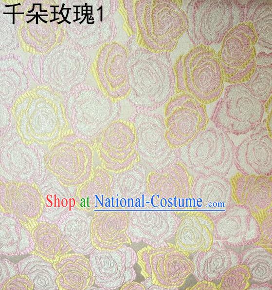 Asian Chinese Traditional Jacquard Weave Rose Flowers Pink Satin Mulberry Silk Fabric, Top Grade Brocade Tang Suit Hanfu Princess Dress Fabric Cheongsam Cloth Material