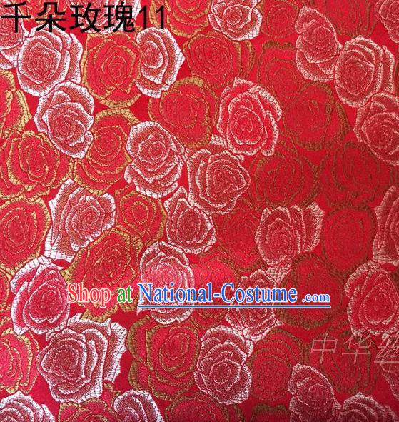 Asian Chinese Traditional Jacquard Weave Rose Flowers Red Satin Mulberry Silk Fabric, Top Grade Brocade Tang Suit Hanfu Princess Dress Fabric Cheongsam Cloth Material