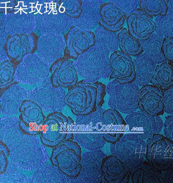 Asian Chinese Traditional Jacquard Weave Rose Flowers Blue Satin Mulberry Silk Fabric, Top Grade Brocade Tang Suit Hanfu Princess Dress Fabric Cheongsam Cloth Material