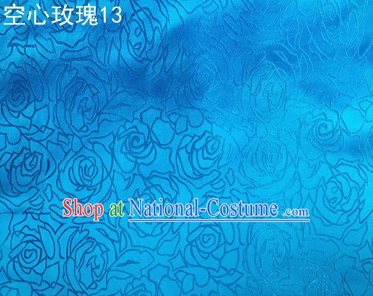 Asian Chinese Traditional Jacquard Weave Rose Flowers Blue Satin Silk Fabric, Top Grade Brocade Tang Suit Hanfu Coat Dress Fabric Cheongsam Cloth Material