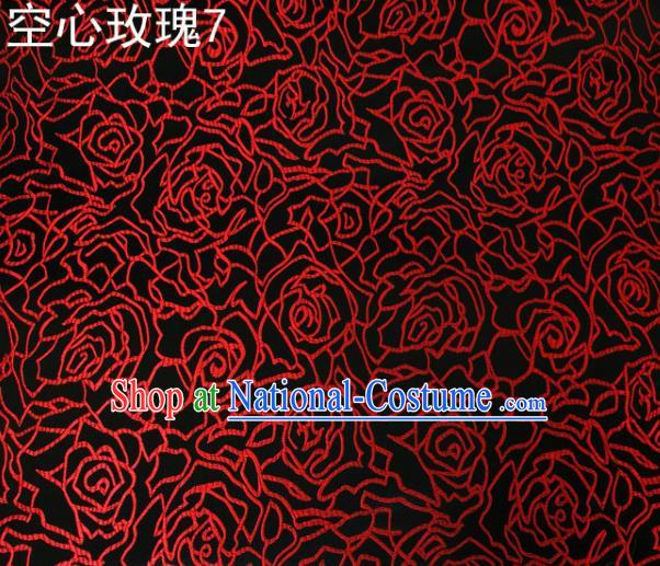 Asian Chinese Traditional Jacquard Weave Embroidered Red Rose Flowers Black Satin Silk Fabric, Top Grade Brocade Tang Suit Hanfu Coat Dress Fabric Cheongsam Cloth Material