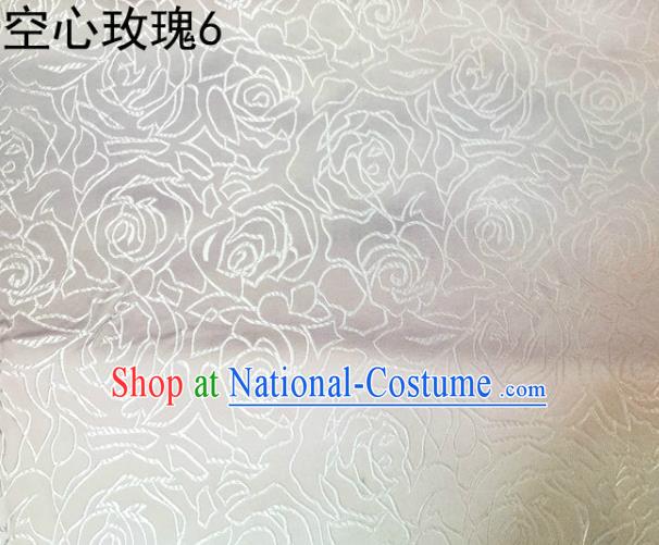 Asian Chinese Traditional Jacquard Weave Embroidered Rose Flowers White Satin Silk Fabric, Top Grade Brocade Tang Suit Hanfu Coat Dress Fabric Cheongsam Cloth Material