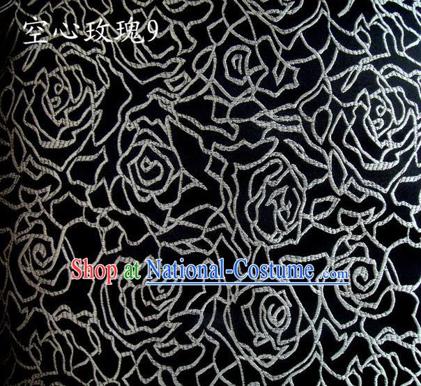 Asian Chinese Traditional Jacquard Weave Embroidered White Rose Flowers Black Satin Silk Fabric, Top Grade Brocade Tang Suit Hanfu Coat Dress Fabric Cheongsam Cloth Material