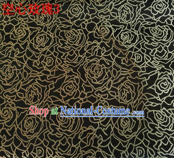 Asian Chinese Traditional Jacquard Weave Embroidered Golden Rose Flowers Black Satin Silk Fabric, Top Grade Brocade Tang Suit Hanfu Coat Dress Fabric Cheongsam Cloth Material