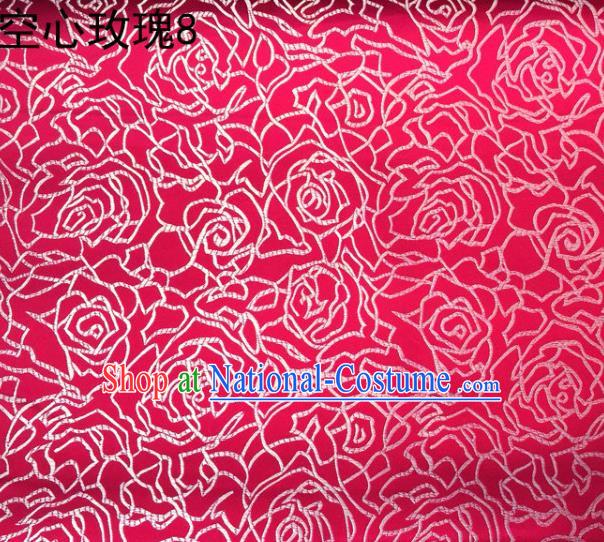 Asian Chinese Traditional Jacquard Weave Embroidered Rose Flowers Rosy Satin Silk Fabric, Top Grade Brocade Tang Suit Hanfu Coat Dress Fabric Cheongsam Cloth Material