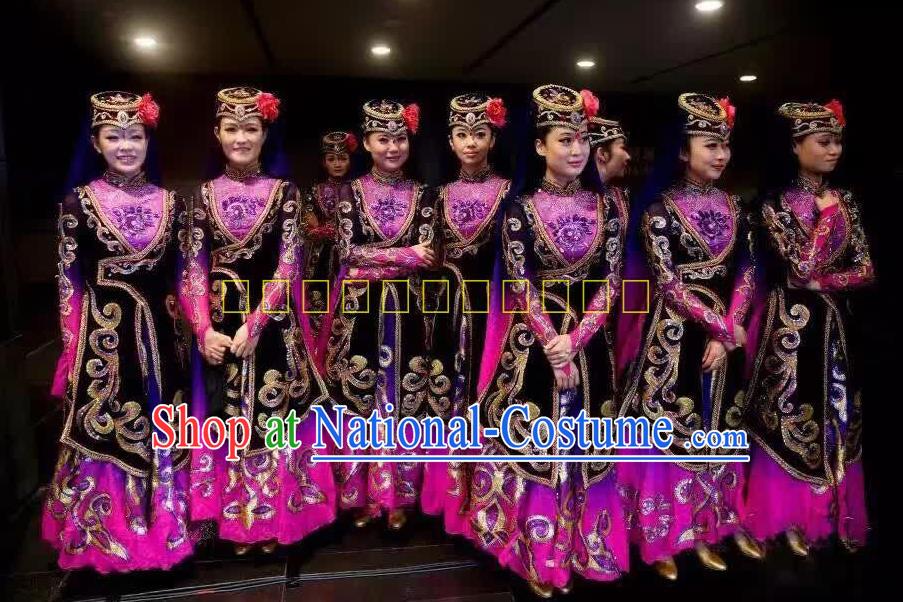 Traditional Chinese Uyghur Nationality Dancing Costume, Chinese Minority Nationality Uigurian Purple Dance Dress for Women