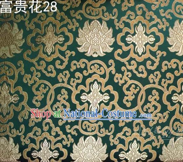 Asian Chinese Traditional Golden Riches and Honour Flowers Embroidered Green Silk Fabric, Top Grade Arhat Bed Brocade Satin Tang Suit Hanfu Dress Fabric Cheongsam Cloth Material