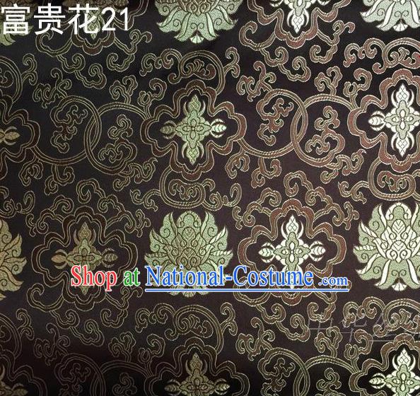 Asian Chinese Traditional Golden Riches and Honour Flowers Embroidered Brown Silk Fabric, Top Grade Arhat Bed Brocade Satin Tang Suit Hanfu Dress Fabric Cheongsam Cloth Material