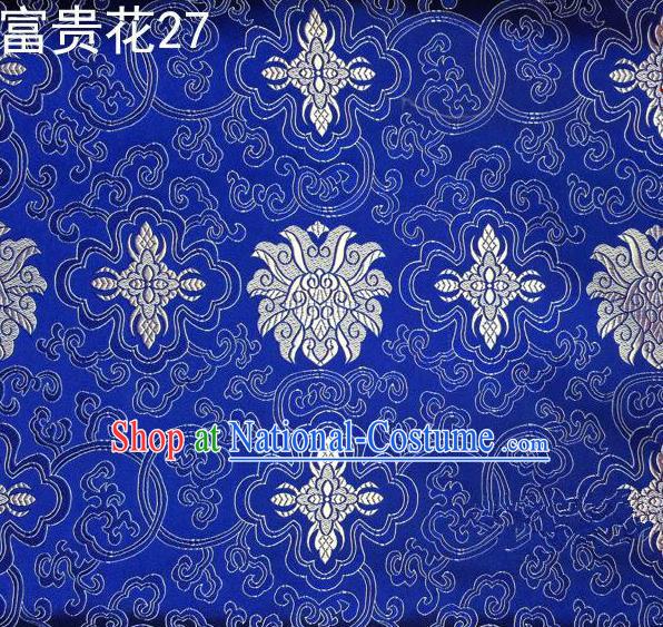 Asian Chinese Traditional White Riches and Honour Flowers Embroidered Royalblue Silk Fabric, Top Grade Arhat Bed Brocade Satin Tang Suit Hanfu Dress Fabric Cheongsam Cloth Material