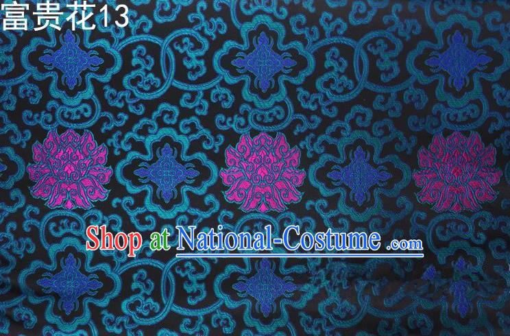 Asian Chinese Traditional Riches and Honour Flowers Embroidered Peacock Blue Silk Fabric, Top Grade Arhat Bed Brocade Satin Tang Suit Hanfu Dress Fabric Cheongsam Cloth Material