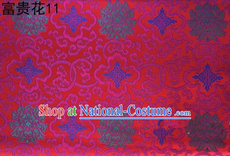 Asian Chinese Traditional Riches and Honour Flowers Embroidered Peacock Red Silk Fabric, Top Grade Arhat Bed Brocade Satin Tang Suit Hanfu Dress Fabric Cheongsam Cloth Material