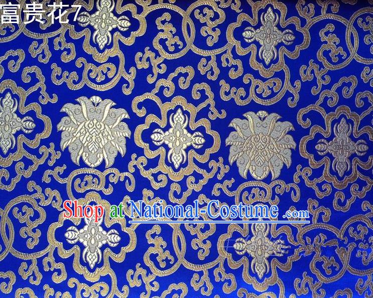 Asian Chinese Traditional Riches and Honour Flowers Embroidered Royalblue Silk Fabric, Top Grade Arhat Bed Brocade Satin Tang Suit Hanfu Dress Fabric Cheongsam Cloth Material