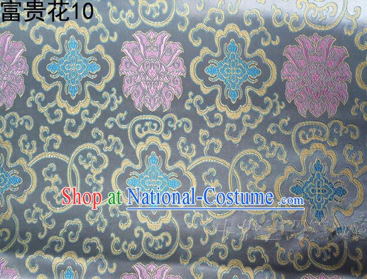 Asian Chinese Traditional Riches and Honour Flowers Embroidered Grey Silk Fabric, Top Grade Arhat Bed Brocade Satin Tang Suit Hanfu Dress Fabric Cheongsam Cloth Material