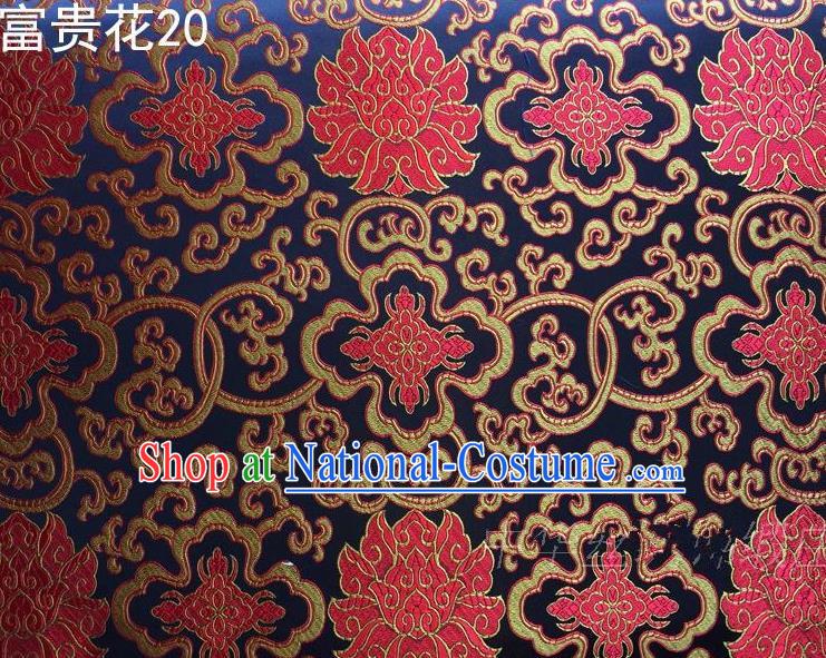 Asian Chinese Traditional Red Riches and Honour Flowers Embroidered Navy Silk Fabric, Top Grade Arhat Bed Brocade Satin Tang Suit Hanfu Dress Fabric Cheongsam Cloth Material