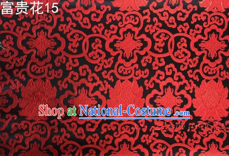 Asian Chinese Traditional Red Riches and Honour Flowers Embroidered Black Silk Fabric, Top Grade Arhat Bed Brocade Satin Tang Suit Hanfu Dress Fabric Cheongsam Cloth Material