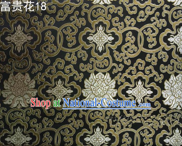 Asian Chinese Traditional Golden Riches and Honour Flowers Embroidered Black Silk Fabric, Top Grade Arhat Bed Brocade Satin Tang Suit Hanfu Dress Fabric Cheongsam Cloth Material