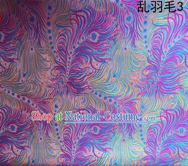 Asian Chinese Traditional Printing Feather Purple Silk Fabric, Top Grade Arhat Bed Brocade Tang Suit Hanfu Dress Fabric Cheongsam Cloth Material