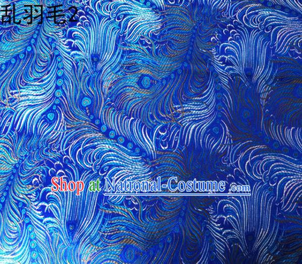 Asian Chinese Traditional Printing Feather Blue Silk Fabric, Top Grade Arhat Bed Brocade Tang Suit Hanfu Dress Fabric Cheongsam Cloth Material