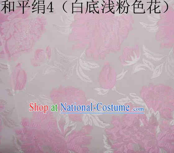 Asian Chinese Traditional Embroidered Pink Flowers White Silk Fabric, Top Grade Arhat Bed Brocade Tang Suit Hanfu Dress Fabric Cheongsam Cloth Material