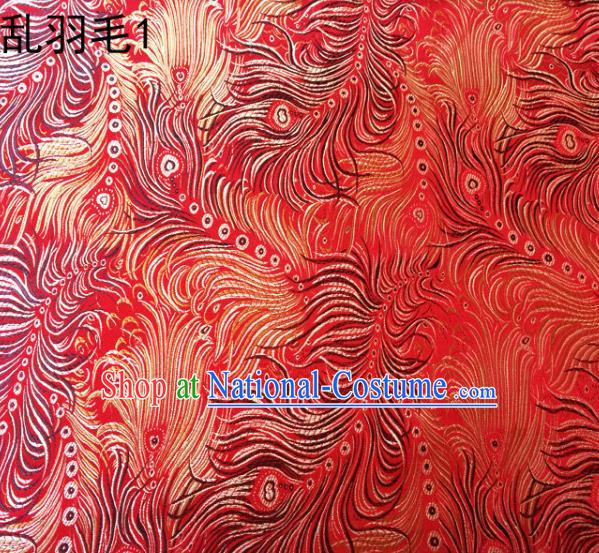 Asian Chinese Traditional Printing Feather Red Silk Fabric, Top Grade Arhat Bed Brocade Tang Suit Hanfu Dress Fabric Cheongsam Cloth Material