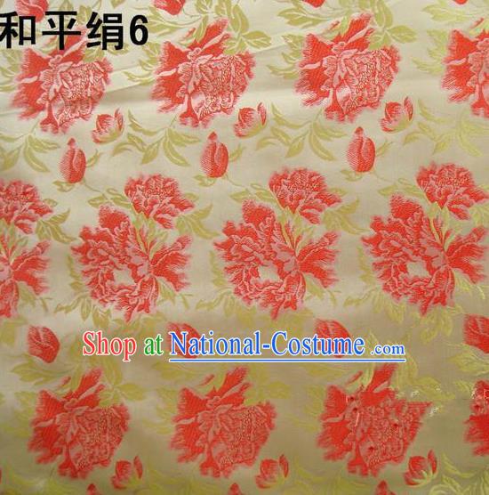 Asian Chinese Traditional Embroidered Red Flowers Golden Silk Fabric, Top Grade Arhat Bed Brocade Tang Suit Hanfu Dress Fabric Cheongsam Cloth Material