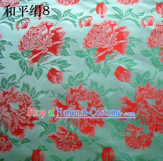 Asian Chinese Traditional Embroidered Red Flowers Green Silk Fabric, Top Grade Arhat Bed Brocade Tang Suit Hanfu Dress Fabric Cheongsam Cloth Material