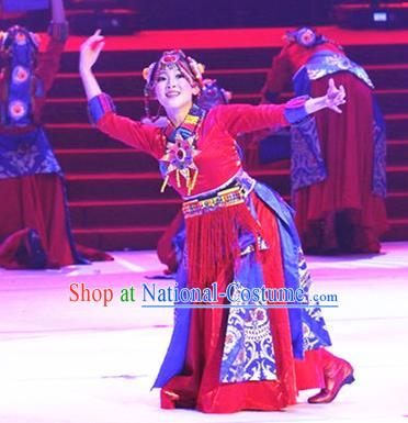 Traditional Chinese Zang Nationality Dancing Costume, Tibetan Folk Dance Ethnic Red Pleated Skirt, Chinese Minority Nationality Embroidery Costume for Women