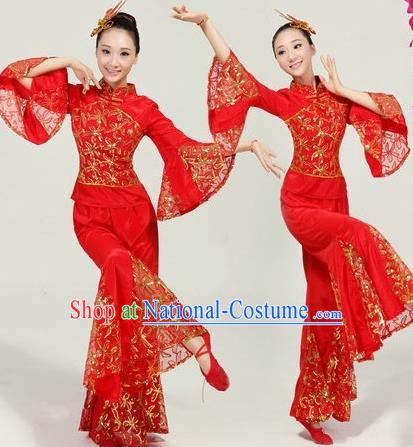 Traditional Chinese Classical Dance Yangge Fan Dance Costume, Folk Dance Drum Dance Red Uniform Yangko Costume Complete Set for Women