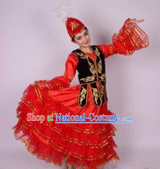 Traditional Chinese Uyghur Nationality Dance Costume, Folk Dance Ethnic Clothing, Chinese Minority Nationality Uigurian Dance Red Dress for Women