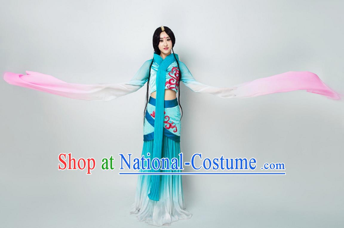 Traditional Chinese Classical Dance Flying Dance Costume, Folk Dance Water Sleeve Dance Blue Dress for Women