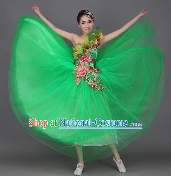 Chinese Classic Stage Performance Dance Costumes, Opening Dance Folk Dance Classic Dance Big Swing One-shoulder Green Veil Dress for Women