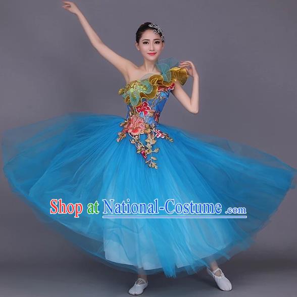 Chinese Classic Stage Performance Dance Costumes, Opening Dance Folk Dance Classic Dance Big Swing One-shoulder Blue Veil Dress for Women