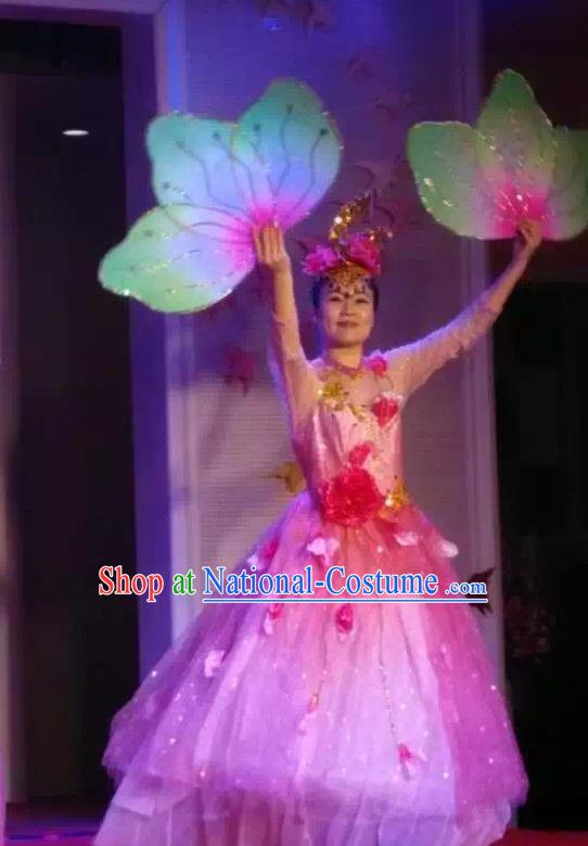 Chinese Classic Stage Performance Dance Costumes, Opening Dance Folk Dance Chorus Classic Dance Pink Bubble Dress for Women