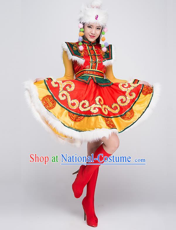 Traditional Chinese Mongol Nationality Dancing Costume, Mongols Female Folk Dance Ethnic Pleated Skirt, Chinese Mongolian Minority Nationality Embroidery Dress for Women