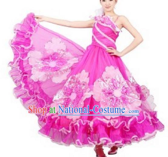 Chinese Classic Stage Performance Dance Costumes, Opening Dance Competition Pink Dress, Classic Big Swing Dance Clothing for Women